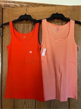 Set of Orange and Orange/White Stripe Fitted Tank Tops, Size Medium